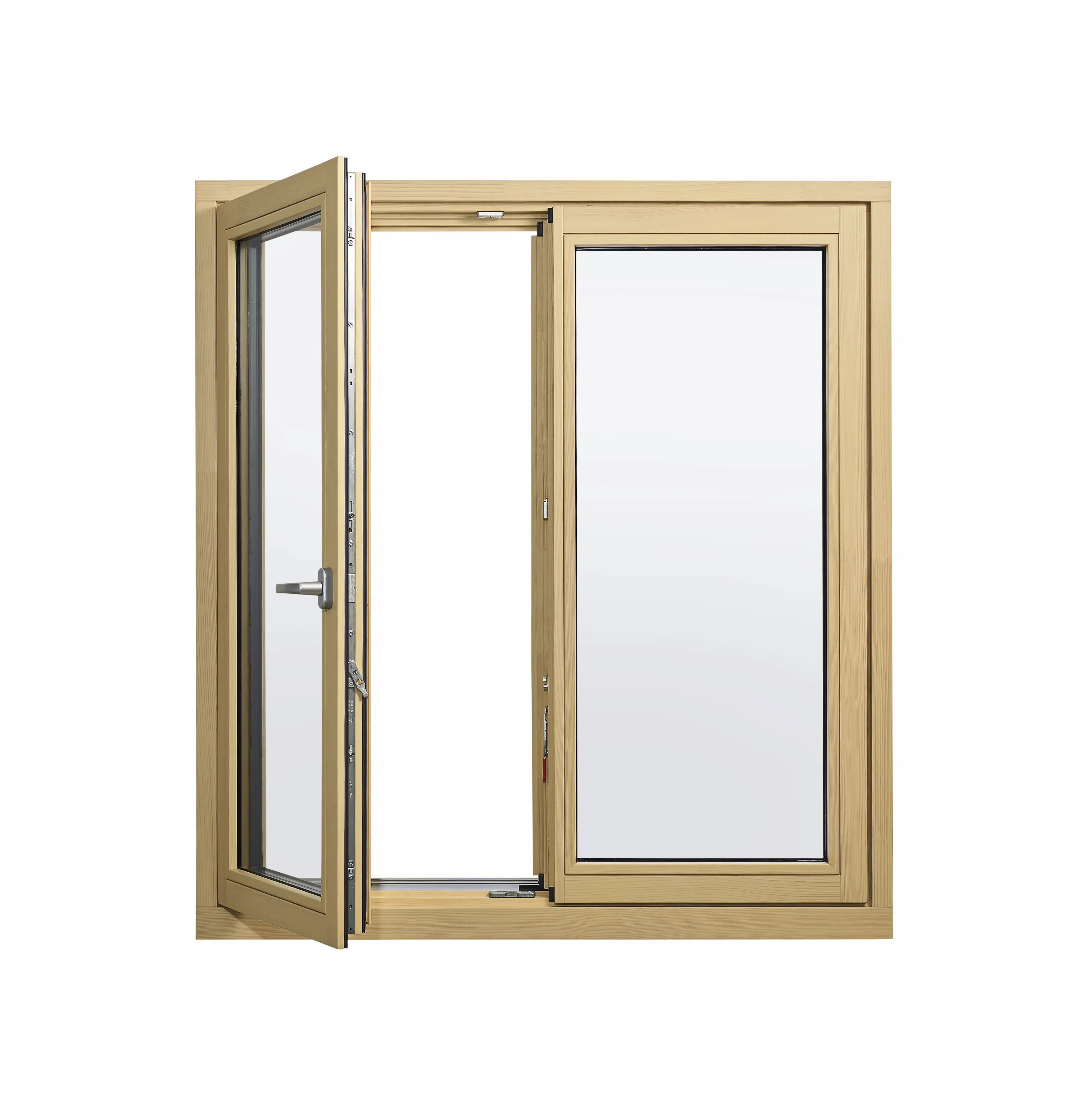 Fenêtre bois-aluminium EgoKiefer à un vantail ouvert et un fixe, cadre couleur bois clair, présentée sur fond blanc.