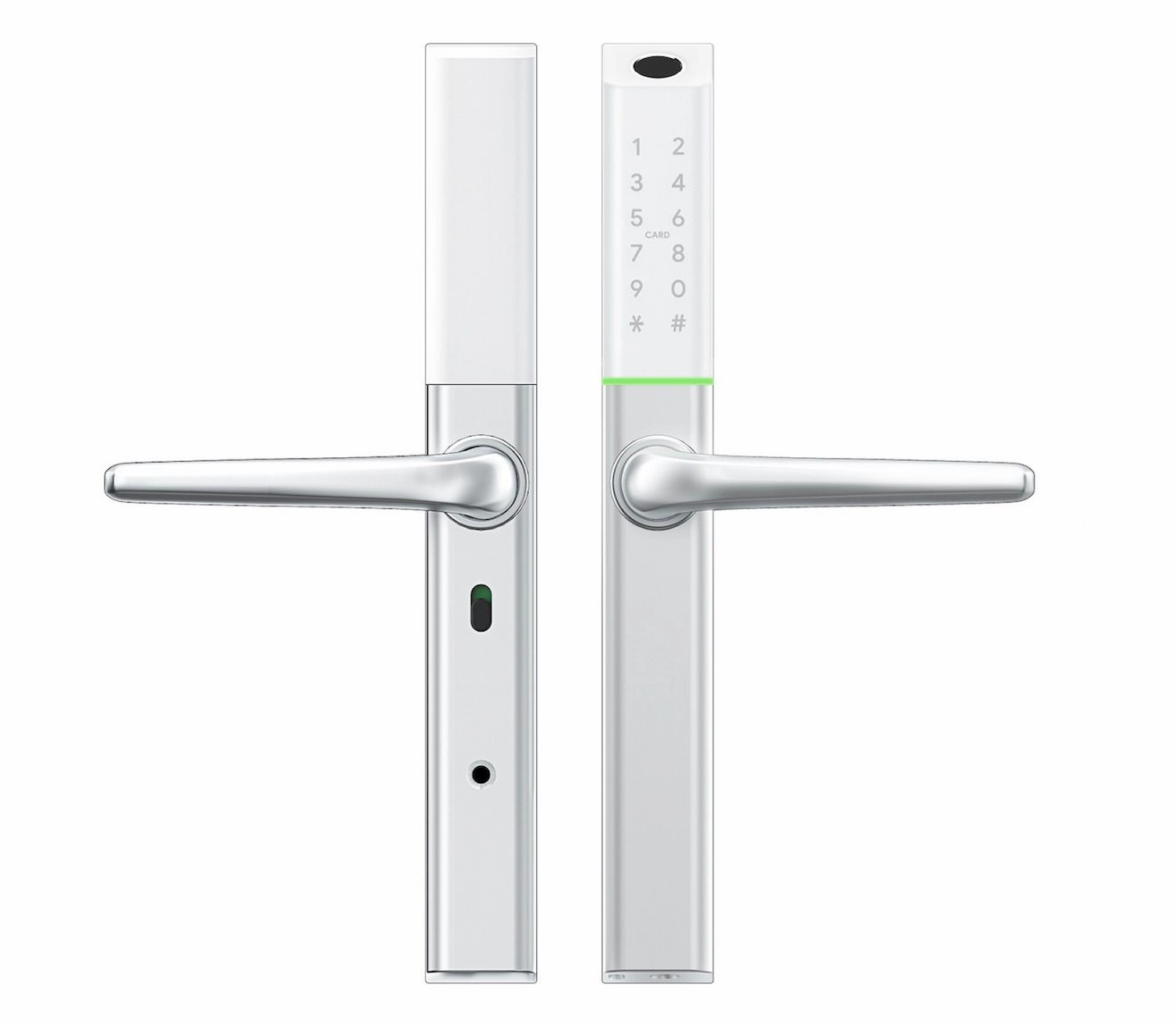 Serrure connectée Lockium blanche présentée en deux versions, l'une avec bouton poussoir, l'autre avec clavier tactile numérique.