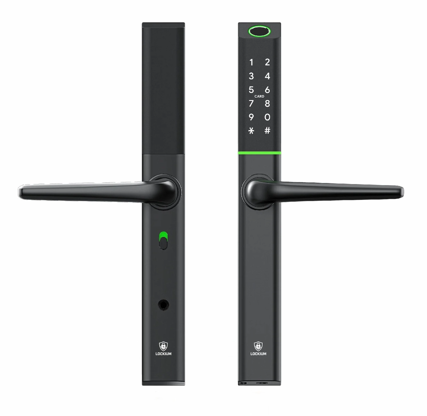 Serrure connectée Lockium noire présentée en deux versions, l'une avec bouton poussoir, l'autre avec clavier tactile numérique et voyant vert.